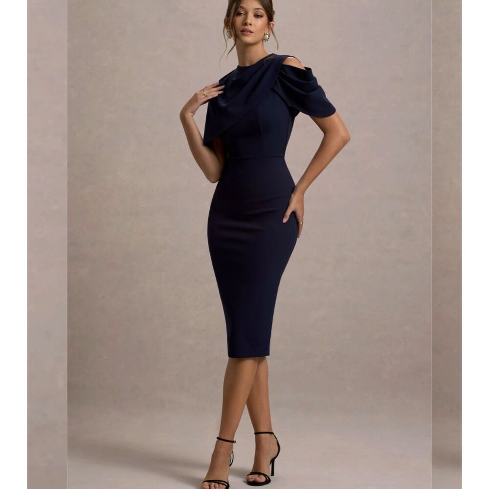 NWT Club L London Navy Draped Midi Dress With Cape | Size US 4 - Picture 3 of 8
